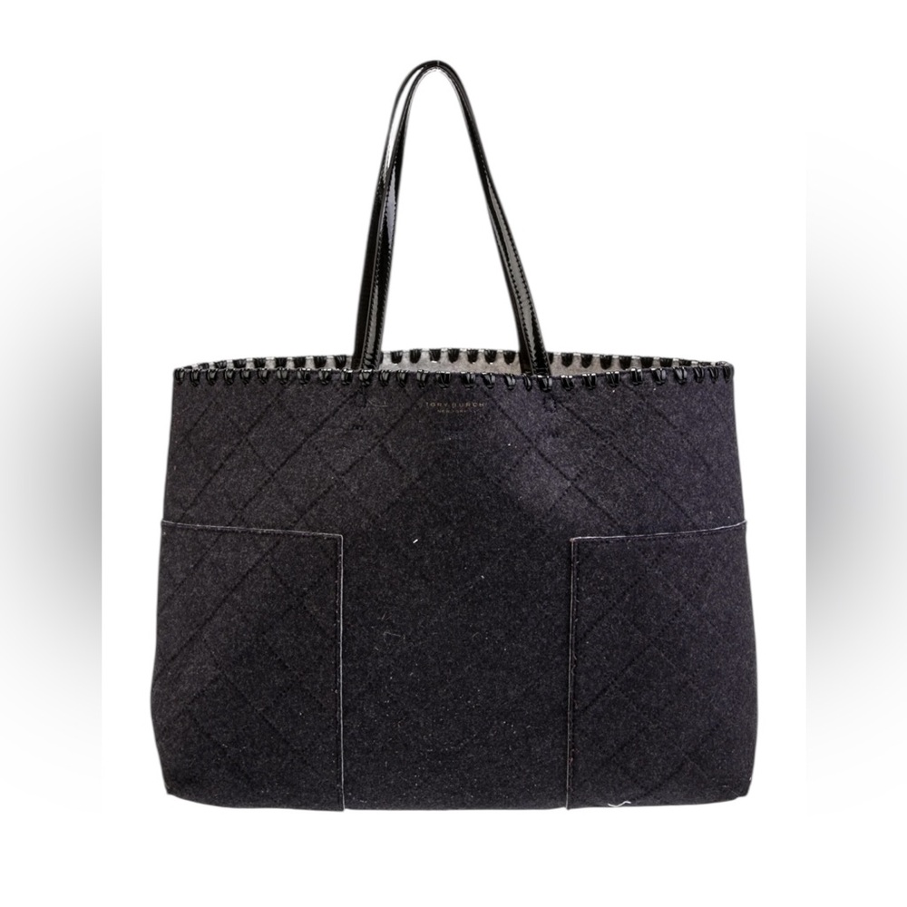 Tory Burch Wool Whipstitch Tote Black EUC